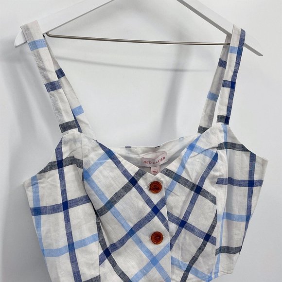Red Carter Blue Plaid Linen Button Front Crop Top - Picture 3 of 8